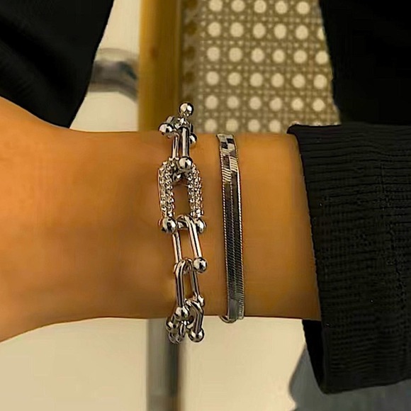 Sterling Silver U Link Rhinestone Multilayer Two Piece Herringbone Bracelet - Picture 2 of 5